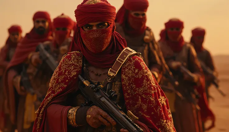 Arab warriors are men. They are wearing dark red traditional clothes with gold elements. in their hands are black machine guns with gold elements. They wear turbans and masks covering half of their faces. Dark red mask with gold patterns. Bright brown eyes...