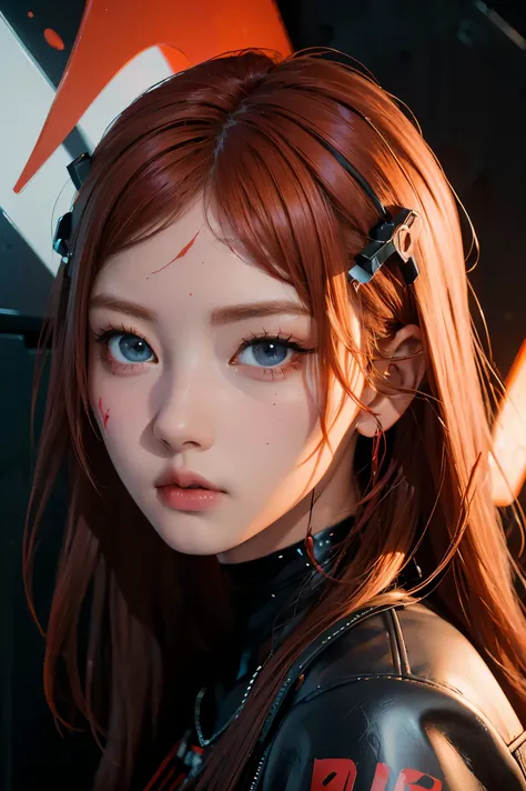 1 girl, alone, Age 25, PERFECT FACE IN DETAILS, Close view ,(adult), sexy,Red Hair, stares at viewers, leather jacket, black crop top, cyberpunk, portrait photo, beautiful eyes, cowboy shot, cyberpunk art, portrait,( background is an abstract graffitied ...