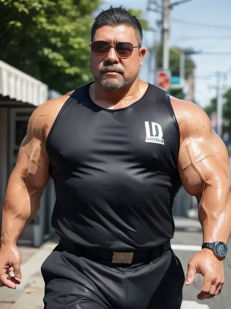 (Sweat:1.6, wet:1.2), (lots of Sweat flowing down), (sexy look:1.2), (:1.2), Asian daddy 50 year old, (handsome sexy fay face:1.2), (silver beard:1.2) very large and strong body, bulky body, beefy muscles, (bulging muscles:1.2), (very large pectoral muscle...