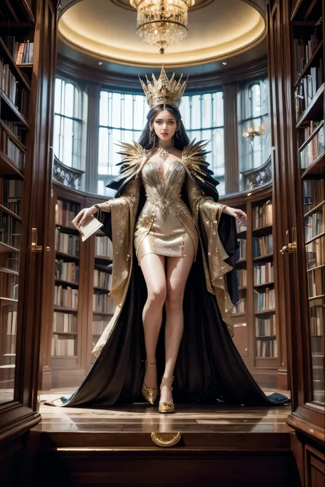  hybrid magicians and priestesses , muscular , elegant ,  wear extravagant clothes with jewels and gemstones ,  of haute couture .  A floating glass and gold library ,  where shiny books levitate .  Elegantly dressed kings and queens study alongside robots...