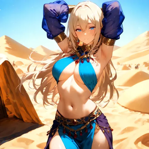 Nom : Élara. Race : human. Description physique : Taille : 1,75 mètre. Couleur des yeux : Bleu clair. Couleur des cheveux : blond hair. Traits de visage : sourire enjoué, yeux pétillants. Style vestimentaire : orrential clothes, desert clothes, arabian clo...