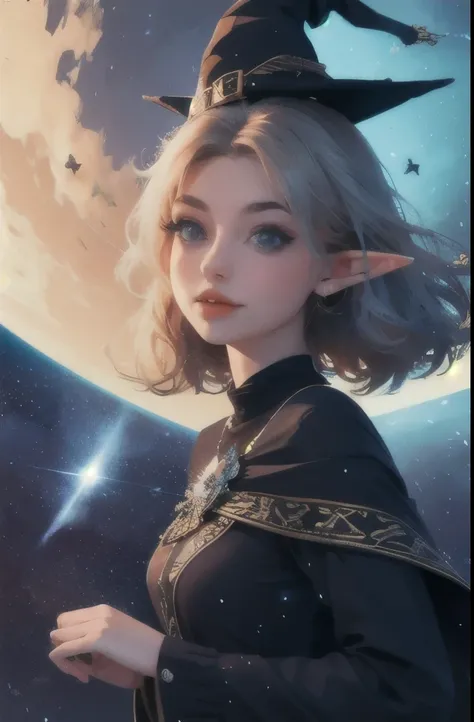 best quality, highres, 1girl, elf, witch hat, floating in space, energy sphere, light particles, shiny hair, shining stars, fantasy,