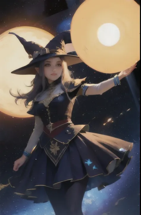 best quality, highres, 1girl, elf, witch hat, floating in space, energy sphere, light particles, shiny hair, shining stars, fantasy,