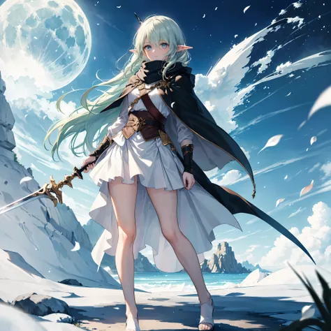 ((Female Elven Swordsman, Sword held forward, Wind blowing, Dynamic movement)), ((Strong shadows, Wind effects , Floating petals)), Delicate hair, Delicate eyes, ((Masterpiece, Top quality)), High quality, Masterpiece, ((High quality, Female Elven Swordsma...