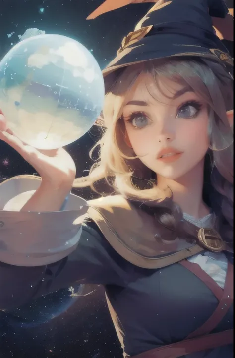 best quality, highres, 1girl, elf, witch hat, floating in space, energy sphere, light particles, shiny hair, shining stars, fantasy,