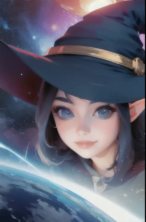 best quality, highres, 1girl, elf, witch hat, floating in space, energy sphere, light particles, shiny hair, shining stars, fantasy,