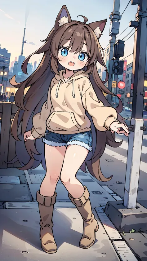 anime style、 fox ears、 girl、blue eyes brown hair、 beige hoodie 、 denim、 boots、 double teeth、