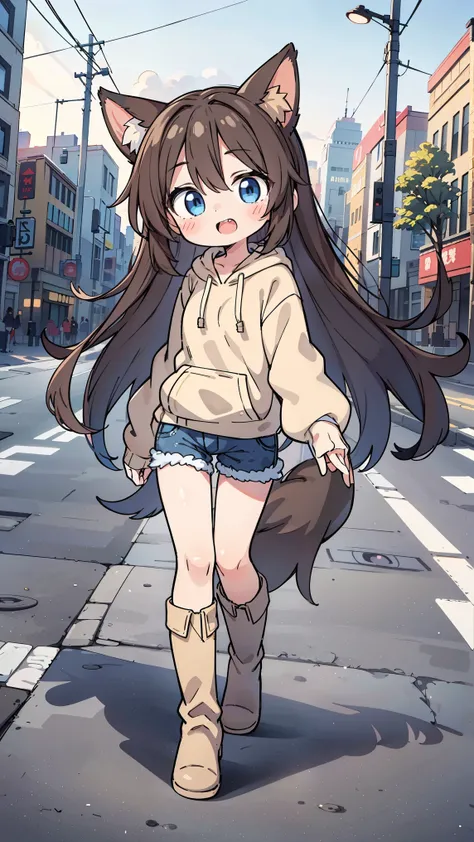 anime style、 fox ears、 girl、blue eyes brown hair、 beige hoodie 、 denim、 boots、 double teeth、