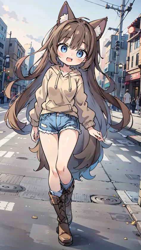 anime style、 fox ears、 girl、blue eyes brown hair、 beige hoodie 、 denim、 boots、 double teeth、