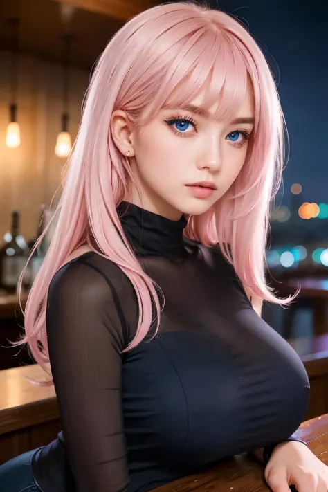 Beautiful French Korean mixed, medium closeup, 1girl, solo, huge round tits, fit body, long detailed eyelashes, 
(detailed blue eyes:1.2), full lips, (detailed white skin texture:1.1), (minimum hair, realistic hair:1.2), 
HAIR: (pink hair, swept bangs: 1.1...