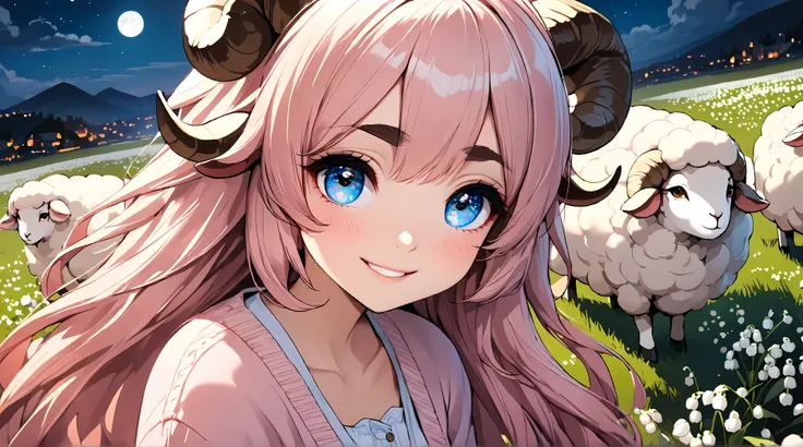 (masterpiece, best quality, extremely detailed, absurdres, very aesthetic), dutch angle, cowboy shot, (highly detailed background, lighting), (sheep girl\super detailed skin, detailed beautiful face and eyes, Big and soft anime eyes, Thick eyebrows:1.1,Flu...