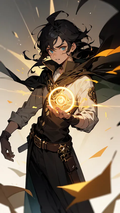  a young and determined dimensional explorer, has a rugged yet youthful appearance with sharp, inquisitive eyes. He wears a long, dark cloak with faintly glowing runes, symbolizing his connection to the labyrinth’s dimensional portals. His tousled dark hai...