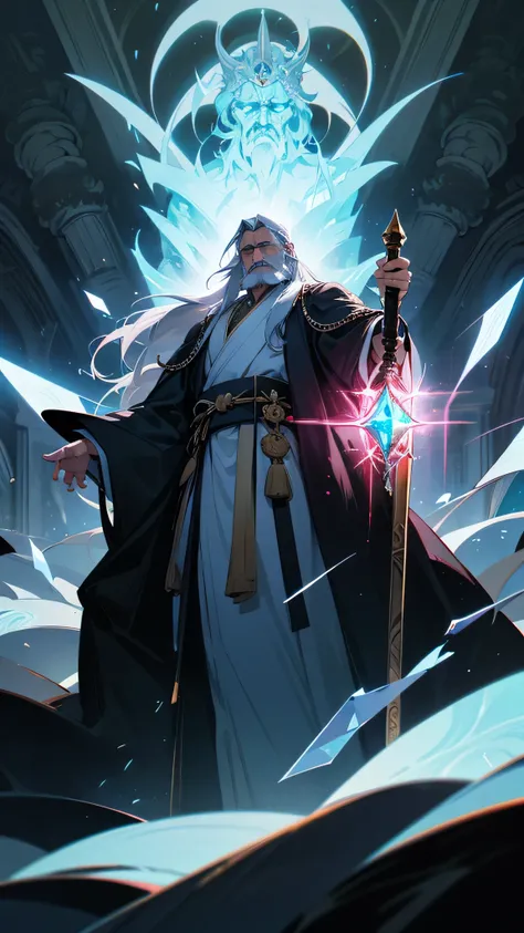 “a stern and wise elder of the council, has an imposing presence with deep-set eyes and a solemn expression that reflects his years of knowledge and authority. His long, silver hair and neatly groomed beard are symbols of his age and wisdom.is dressed in c...