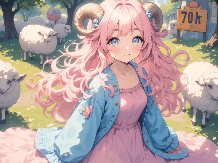 (masterpiece, best quality, extremely detailed, absurdres, very aesthetic), dutch angle, cowboy shot, (highly detailed background, lighting), (sheep girl\super detailed skin, detailed beautiful face and eyes, Big and soft anime eyes, Thick eyebrows:1.1,Flu...