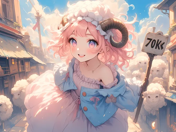 (masterpiece, best quality, extremely detailed, absurdres, very aesthetic), dutch angle, cowboy shot, (highly detailed background, lighting), (sheep girl\super detailed skin, detailed beautiful face and eyes, Big and soft anime eyes, Thick eyebrows:1.1,Flu...