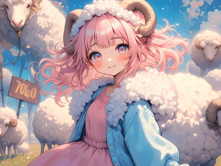 (masterpiece, best quality, extremely detailed, absurdres, very aesthetic), dutch angle, cowboy shot, (highly detailed background, lighting), (sheep girl\super detailed skin, detailed beautiful face and eyes, Big and soft anime eyes, Thick eyebrows:1.1,Flu...