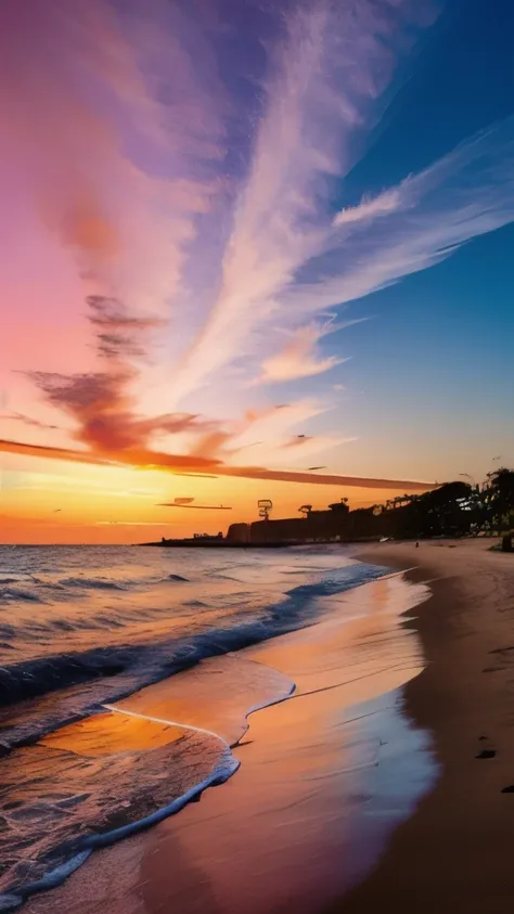 sunset on a beach with waves crashing on the shore, which shows a beach at sunset, a photo of the ocean, clouds and waves, serene colors, pastel sunset, pink sunset, pink skies, mesmerizing, looking out at a pink ocean, colorful sunset, colours of the suns...