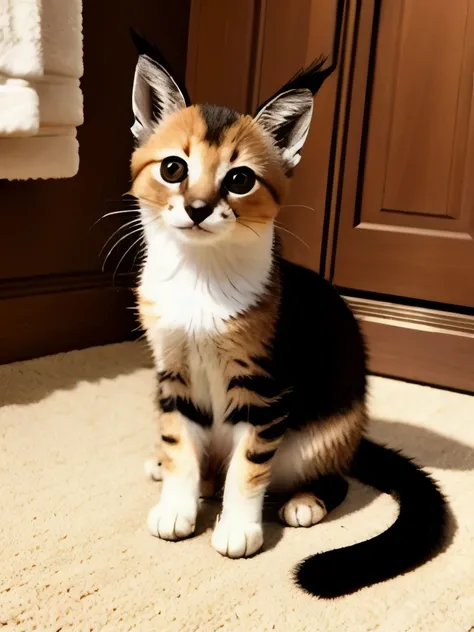 there is a small kitten sitting on a rug next to a bowl of food, cute fluffy caracal, cute caracal, cute caracal in bathtub, domestic caracal, many cute fluffy caracals, with pointy ears, the cutest kitten ever, the cutest creature in the world, caracal, c...