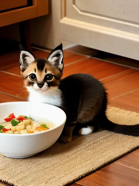 there is a small kitten sitting on a rug next to a bowl of food, cute fluffy caracal, cute caracal, cute caracal in bathtub, domestic caracal, many cute fluffy caracals, with pointy ears, the cutest kitten ever, the cutest creature in the world, caracal, c...