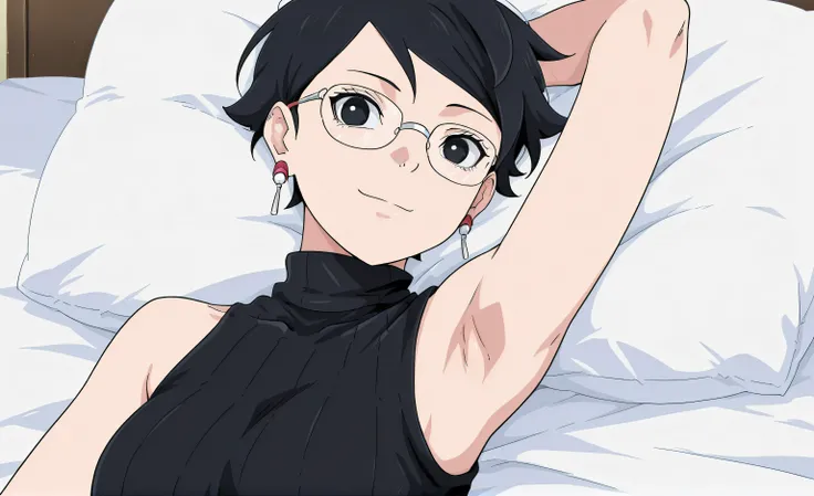 masterpiece, best quality, amazing quality, anime screencap, 1girl, solo, Sarada Uchiha, black hair, short hair, black eyes, glasses, earrings, black sweater, sleeveless sweater, ribbed sweater, turtleneck, arm behind head, armpit, head towards viewer, loo...