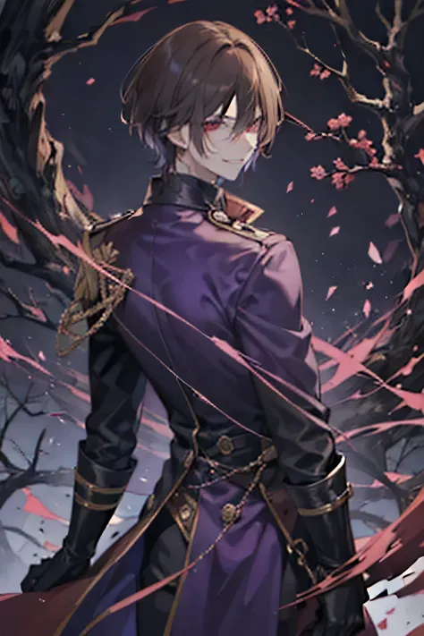 brown-haired, a tall young man in a dark purple coat with a crazy smirk.  His red eyes glowed with madness. On his hands are the dark gloves . Back turned. There is a dreadful tree without leaves in the background.