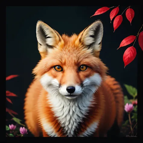 a red fox surrounded by leaves and flowers on a dark background, fox animal, digital fox, stylised fox - like appearance, by Ryan Yee, whimsical fox, by Simon Ushakov, by Nikita Veprikov, anthropomorphic fox, fantasy fox love, ethereal fox, detailed beauti...