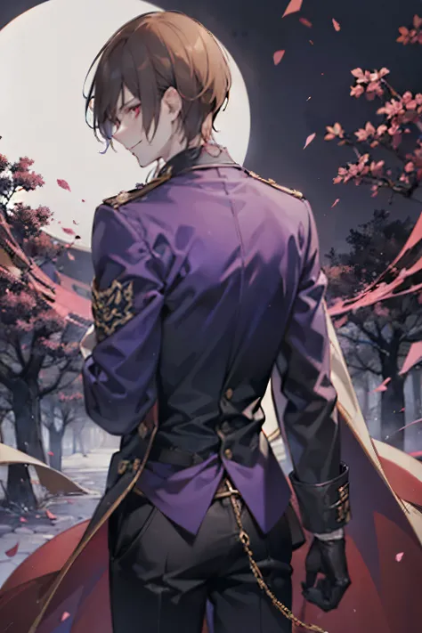 brown-haired, a tall young man in a dark purple coat with a crazy smirk.  His red eyes glowed with madness. On his hands are the dark gloves . Back turned. There is a dreadful tree without leaves in the background.