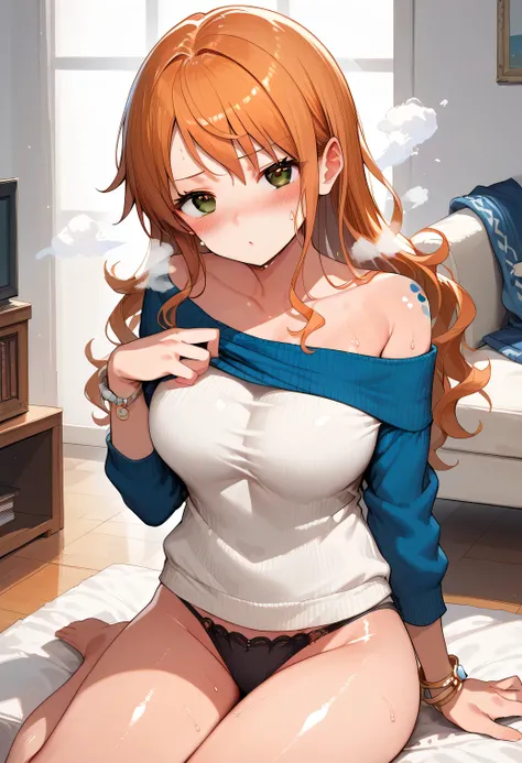 score_9, score_8_up, score_7_up,source_anime, high res image,masterpiece,best quality,(girl:1.0),cute face,clear skin,shiny hair,ultra detailed eyes,off-shoulder sweater, BREAK source_anime, (blush,steam,sweat:1.3),nami_post, orange hair, long hair, wavy h...