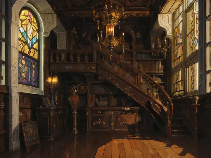 a magical library interior, staircase,ornate shelves filled with ancient tomes, (realistic,photorealistic,photo-realistic :1.37),intricate fantasy architecture, stained glass windows, large space, large archive
 ,moody lighting, dark academia vibes, vibran...