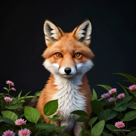 a red fox surrounded by leaves and flowers on a dark background, fox animal, digital fox, stylised fox - like appearance, by Ryan Yee, whimsical fox, by Simon Ushakov, by Nikita Veprikov, anthropomorphic fox, fantasy fox love, ethereal fox, detailed beauti...