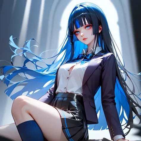 (( black hair))、(blue inner hair), best quality 、 Masterpiece、( professional lighting without shadows )、 surreal, charming、 figure like a slender supermodel 、 One Girl , ( character in foreground, blurred background), (medium boobs), (Bright, beautiful blu...