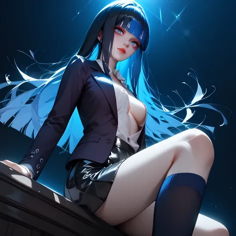 (( black hair))、(blue inner hair), best quality 、 Masterpiece、( professional lighting without shadows )、(Nipples:0.4),   surreal, charming、 figure like a slender supermodel 、 One Girl , (dynamic angle, face focus, looking side), (medium boobs), (Bright, be...