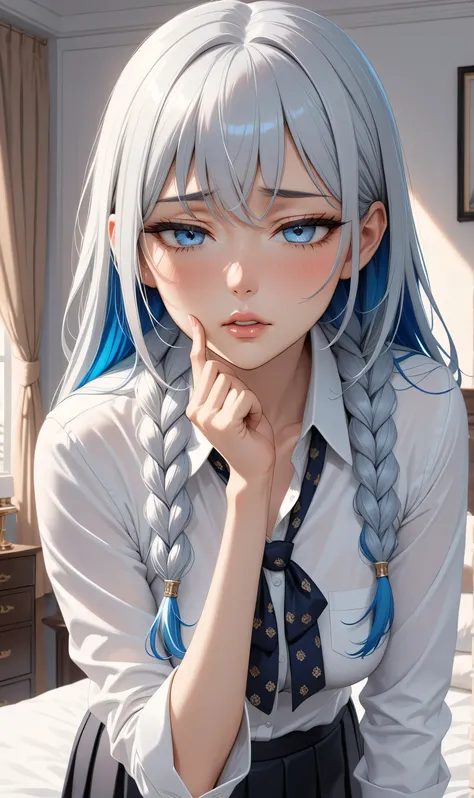 ((Random Sexy pose)), (elegant mature women), ((Ultra detailing)), (very aesthetic, best quality, ultra detailed), intricate details, 1girl, silver hair, Blue inner hair  ,(silver eyes),((Detailed eyes)), ((Beautiful eyes)), ((prefect eyes)), sharp jawline...