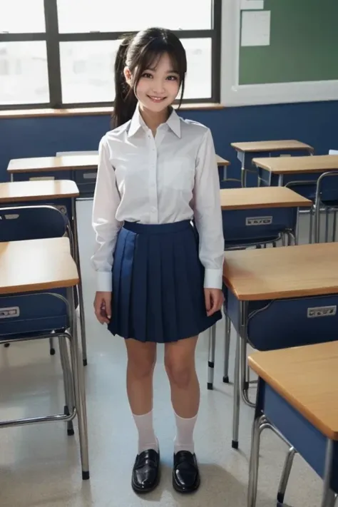 1japanese girl, white long sleeve collared shirt, white socks, navy blue pleated skirt, black loafers, lower ponytail, bang, black hair, smile, (standing in classroom), BREAK, (full body shot:1.35), BREAK, (masterpiece, best quality:1.4), (8k, raw photo, p...