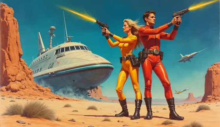 a badass couple, holing laser guns, action pose, in colorful futurist suit, rising up from a crashed space ship, in a desert, a space ships war in the sky, sci-fi pulp style from 1960 , color pencils , by Virgil Finlay , colorful.
