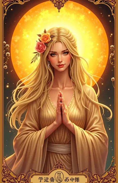 Tarot　Mysterious　 Card of the Sun 　One beautiful goddess　 high definition　A goddess who symbolizes joy and light　Sun Goddess　Amaterasu
　 blonde half up　Floral decoration　A hairstyle with a bright sense of happiness　 thin gold border