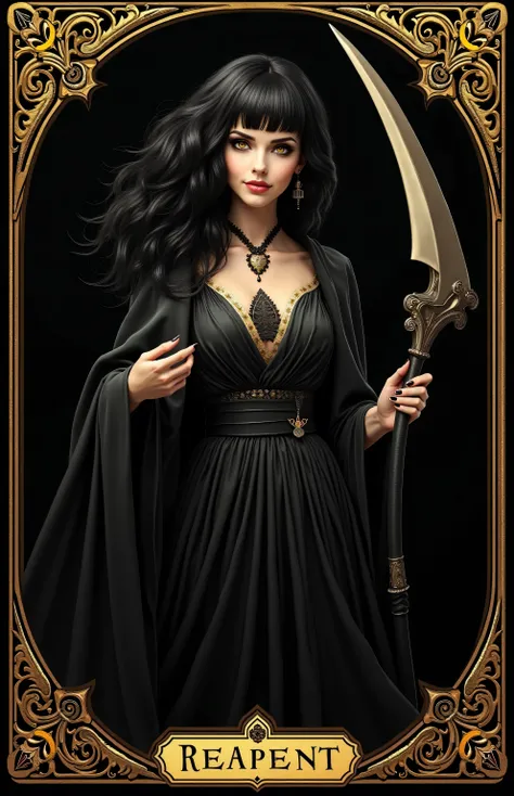 Tarot　Mysterious　 Reaper's Card 　One beautiful goddess　 high definition　An end and a new beginning　  underworld goddess　Hell 
　 black hair pixie cut　Thin Veil　Combining coolness and beauty 　 thin gold border