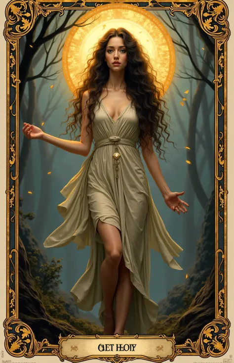 Tarot　Mysterious　Hanged Man's Card　One beautiful goddess　 high definition　 A Symbol of Self-Sacrifice and Enlightenment　Goddess of Rebirth 　 Persephone 
　casual, rough long hair　A Quiet Symbol of Self-Sacrifice 　 thin gold border