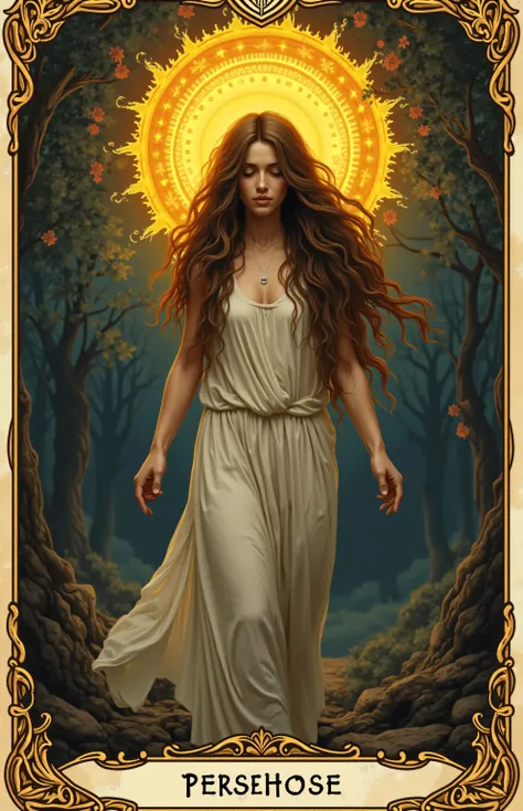 Tarot　Mysterious　 Hanging Man's Card 　One beautiful goddess　 high definition　 A Symbol of Self-Sacrifice and Enlightenment　Goddess of Rebirth 　 Persephone 
　casual, rough long hair　A Quiet Symbol of Self-Sacrifice 　 thin gold border