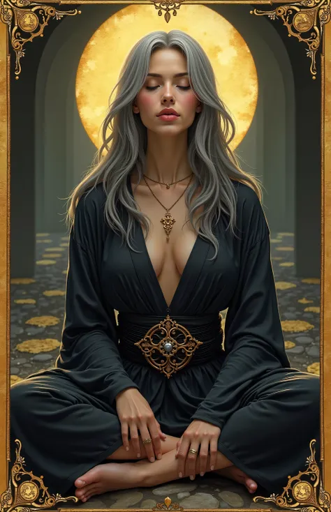 Tarot　Mysterious　Hermit's Card　One beautiful goddess　 high definition　A seeker of serenity and wisdom　Meditation Mysterist 　Kwang Yin
casual long hair mixed with gray hair　Mystique like a samurai 　thin gold border