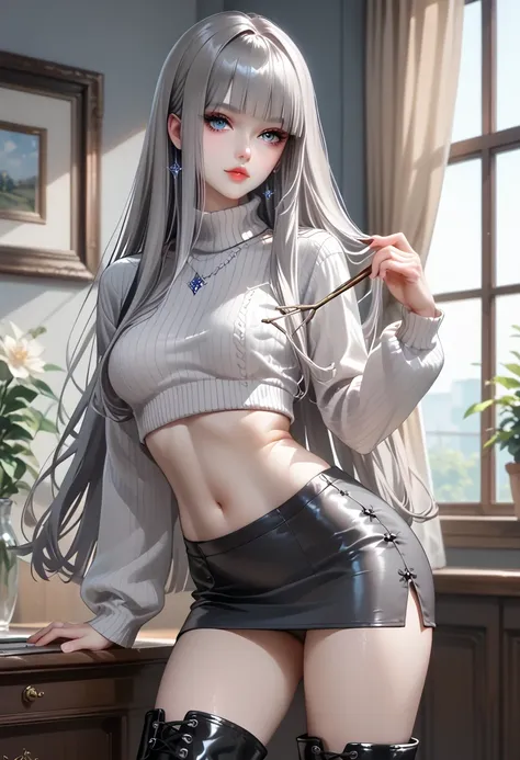 ((Gray Hair))、(black inner hair),  best quality 、 (  professional lighting without shadows  )、  surreal, (Nipples:0.4),  fascinating、 Slim Supermodel-Like Figure、 one girl , (Lean forward and stick out your butt), (Mid-chest, Belly button exposed), ( arche...