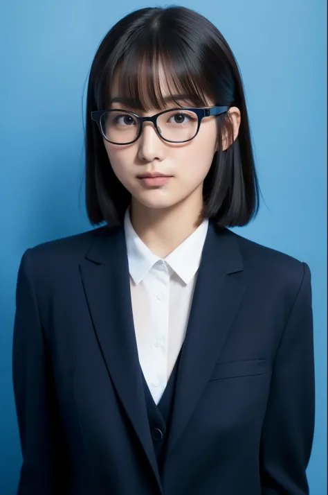  Japanese,28 years old,woman, wear a black recruitment suit, hair is bundled at the back , bangs are down , without makeup,A timid face,Fair skin,solid blue background,Large margins, stand with your back straight, ID photo, I'm wearing glasses,上部にLarge mar...