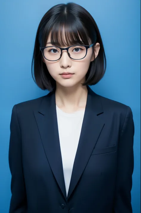  Japanese,28 years old,woman, wear a black recruitment suit, hair is bundled at the back , bangs are down , without makeup,A timid face,Fair skin,solid blue background,Large margins, stand with your back straight, ID photo, I'm wearing glasses,上部にLarge mar...