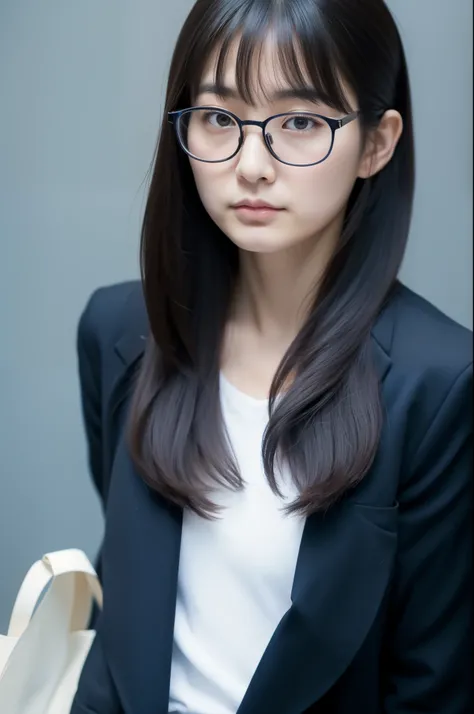  Japanese,28-year-old woman, black suit, hair tied at the back ,Straight bangs,No makeup,No smiles,Pale skin,Blue bag , ID photo, wearing glasses , facing the front