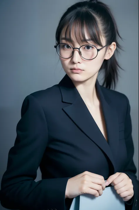  Japanese,28-year-old woman, black suit, hair tied at the back ,Straight bangs,No makeup,No smiles,Pale skin,Blue bag , ID photo, wearing glasses , facing the front