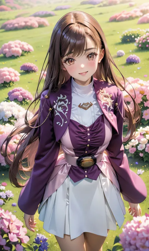 (High-definition CG), ( top quality),(( frontal view)),((Flower Field)), one woman,  perfect face, crying,  shiny skin ,  wide hips,  thin waist,  purple bolero jacket ,, Long Sleeve, (( white skirt )), pink belt , (( brown hair)), ((Straight Hair)), ((Com...