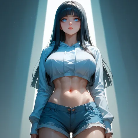 (( black hair))、(Light blue inner hair ),  best quality、 (  professional lighting without shadows  )、  surreal, (Nipples:0.4),  is fascinating、 figure like a slender supermodel、 one girl ,, ( big breasts, Belly button exposed), ( flat at honny,  beautiful ...