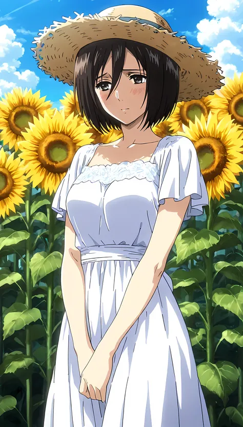 Mikasa Ackerman (ミカサ・アッカーマン), wearing a beautiful white maiden's dress, sunflower field, straw hat, delicate pose, shy girl, anime screen cap