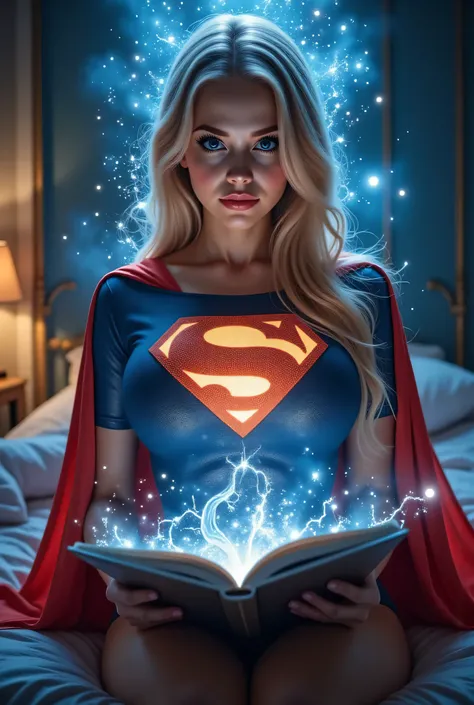 a brilliant but socially awkward young BLONDE NERD READING A COMMIC BOOK late in her BEDROOM unexpectedly grants her SUPERMAN abilities SCREAMING OUT AS HER BODY STRUCTURE TRANSFORMS. WEARING A CLASSIC SUPERMAN SUIT AND CAPE, LIGHT PALE BLUE EYES.COSTUME A...