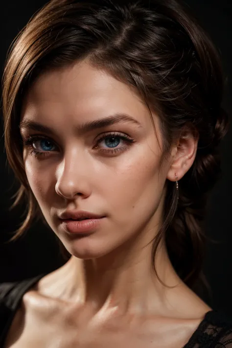 A portrait where she's looking directly into the camera, her blue eyes seem to pierce through the screen. Her face is perfectly lit, highlighting her cheekbones and the texture of her lips. The background is a soft blur, with perhaps a hint of red to match...